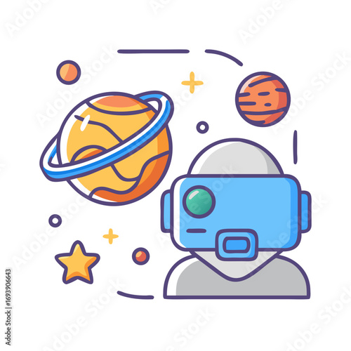 Cartoon astronaut with VR headset in a cosmic scene among planets and stars
