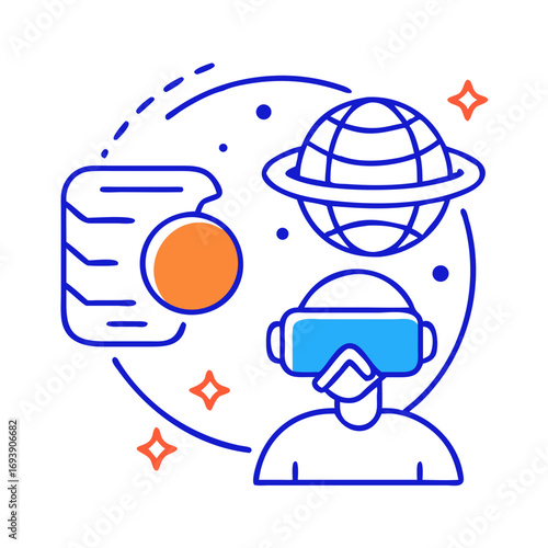 Virtual Reality Exploration: Man with VR Headset Exploring Digital Worlds in Outline Style