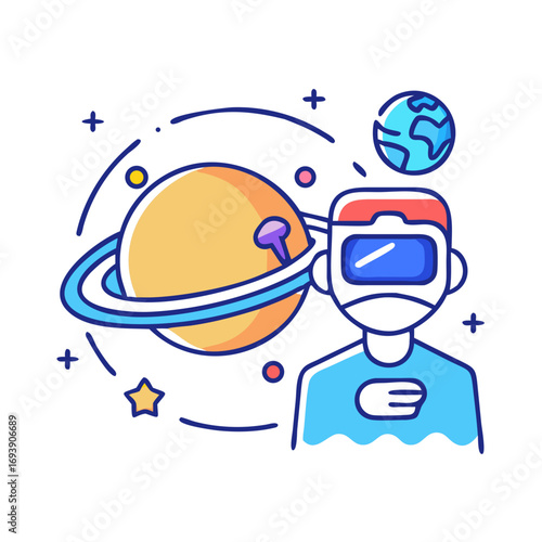 Man in VR headset exploring space with planets and stars on black background