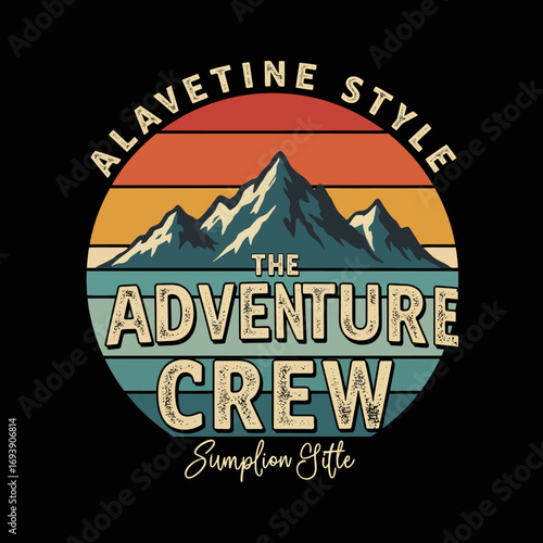Retro Mountain Adventure Crew Emblem with Striped Sunset Landscape