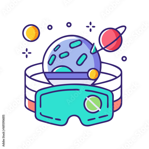 Virtual reality headset displaying a cartoon planet amidst cosmic stars, against a dark background
