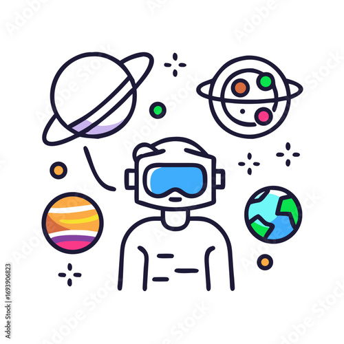 Illustration of a person in VR headset surrounded by planets and stars