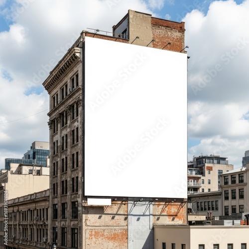 Blank billboard on the side of a building in a city on a sunny day