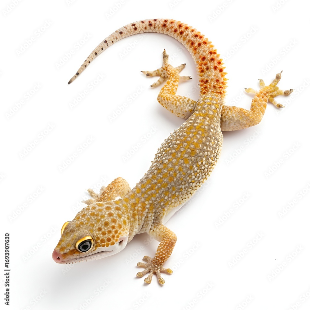 Naklejka premium A brown leopard gecko with a long tail is isolated on a white background