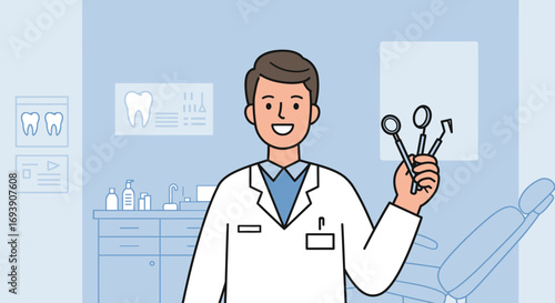 Smiling Dentist Holding Dental Tools in Clinic Setting.