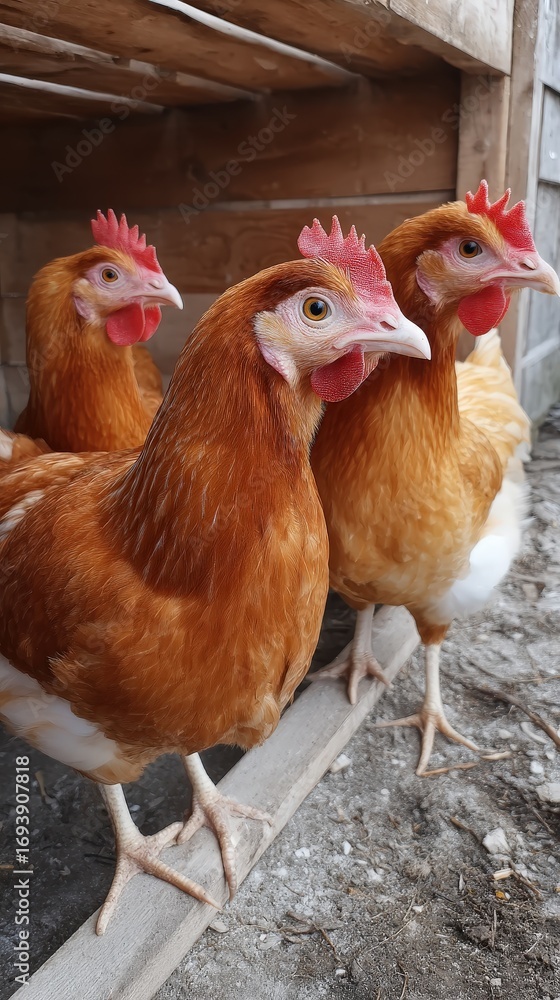 Fototapeta premium Chickens standing on wooden beam in coop