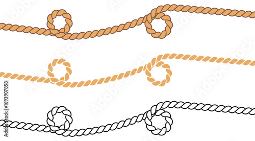 Decorative rope swirl knot borders with twisted strands and circular loops, isolated on white background