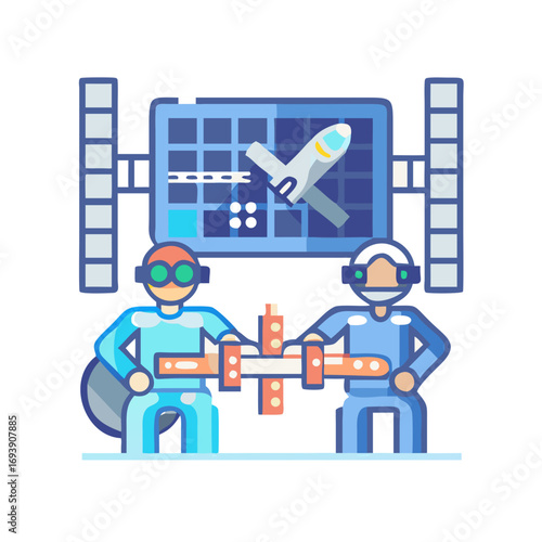Two engineers with a satellite model showcase teamwork in futuristic aerospace development