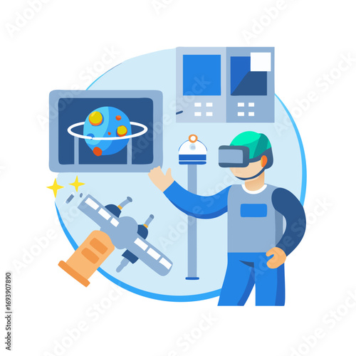 Virtual reality space exploration flat illustration of person interacting with space objects and displays