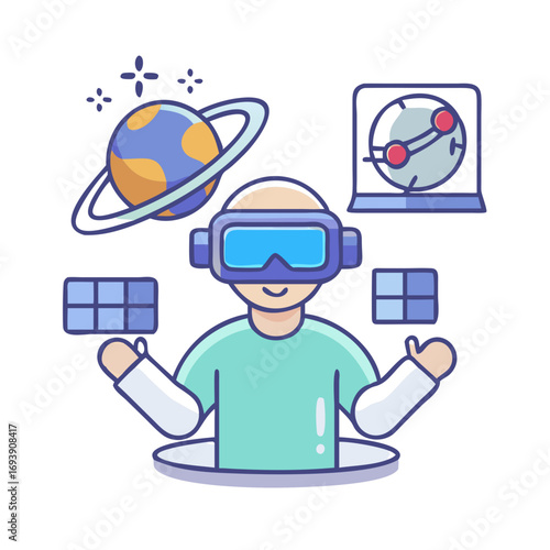 Man using VR Headset to Explore Metaverse and Virtual Reality Worlds