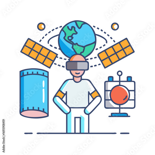 Virtual Reality Exploration of Space Environment with Earth and Satellites Surrounding Person