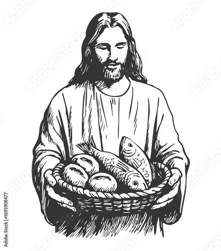 Illustration of Jesus with five loaves and two fish, symbol of the miracle of feeding the five thousand