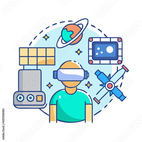 Flat vector illustration depicting virtual reality user exploring space and science concepts