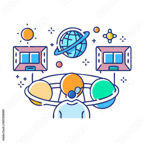 Astronaut in virtual reality viewing planets orbiting a world in a geometric space environment