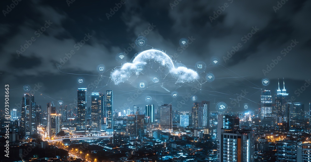 Fototapeta premium Cloud Computing and Modern City Transforming Data into the Digital Future with Technology