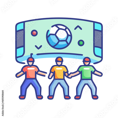 Three fans watching a football match with tactical screen on top flat illustration