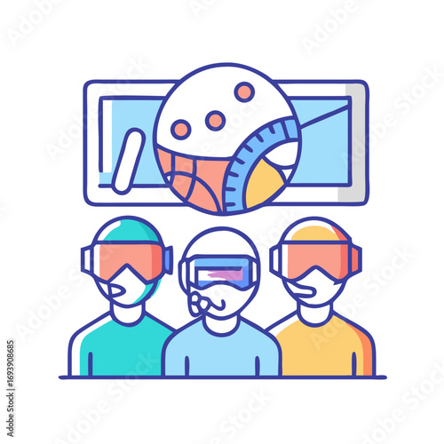 Three people wearing virtual reality headsets looking at screen in stylized illustration