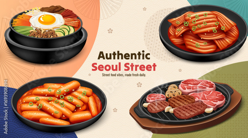 Realistic Authentic Korean Cuisine and Dishes Composition