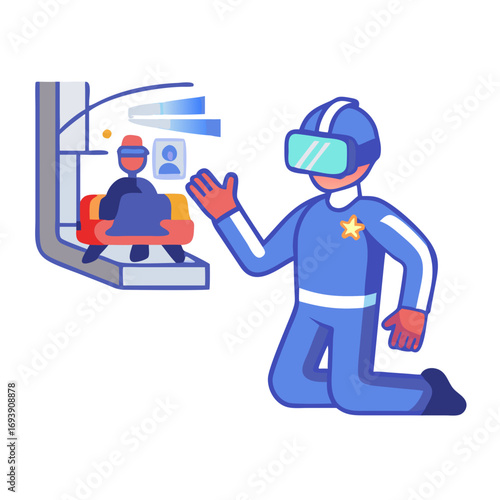 Cartoon sheriff interacting with avatar in a virtual reality simulation on a black background