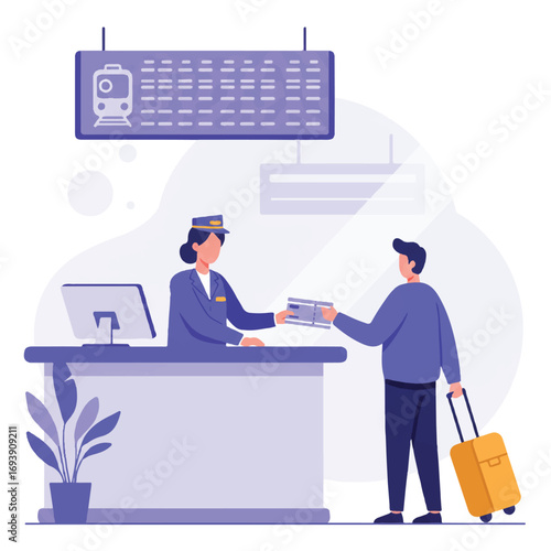 A ticket agent provides a ticket to a traveler at a train station counter, with a large train schedule board visible behind them, rendered in a clean 2D flat vector illustration style.