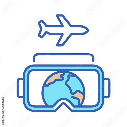 Virtual reality travel concept with airplane above VR headset displaying earth globe