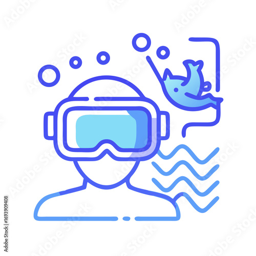 Abstract illustration of a scuba diver swimming with a seal in clear water