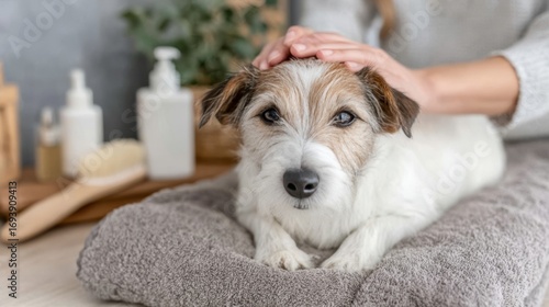 Hands carefully trim the fur of a relaxed dog in a serene pet spa designed for animal wellness and luxury