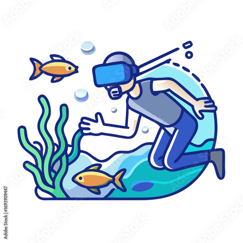 VR scuba diving experience with virtual reality headset swimming among fish and seaweed