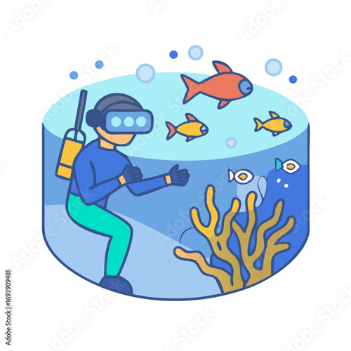 Illustration of a scuba diver surrounded by fish and coral in an ocean habitat scene