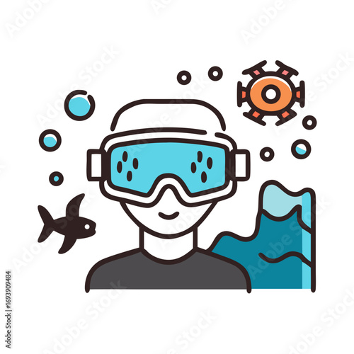 Undersea Exploration with VR Headset: A Stylized Icon Illustration for Virtual Marine Experiences
