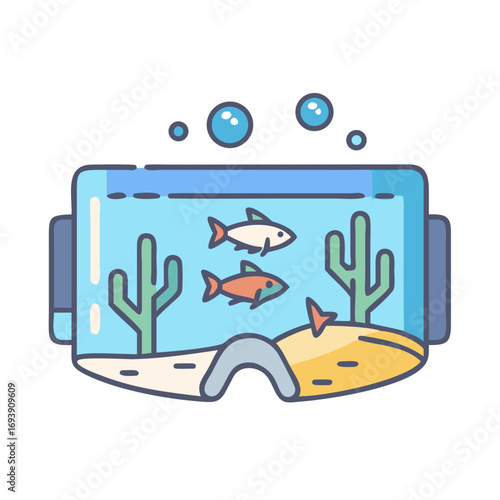 A cute aquarium with fishes, plants and bubbles floating, isolated on black background
