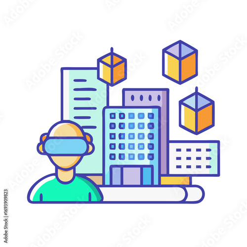 Man in VR Headset Exploring Virtual Cityscape with Floating Cubes and Buildings