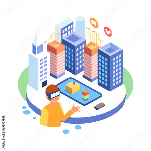 Isometric illustration showcasing augmented reality with a cityscape and a user with VR glasses