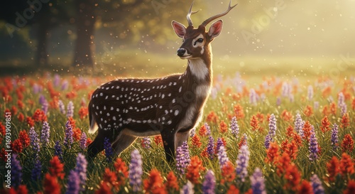 Fototapeta Naklejka Na Ścianę i Meble -  Deer in wildflower meadow