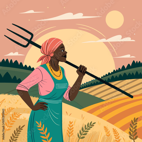 A Black woman farmer stands confidently with a pitchfork in a golden field under a warm, stylized sun, evoking a hopeful, agrarian mood.

