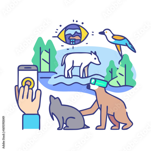 Animals using virtual reality headset with nature scenery and human hand holding smartphone