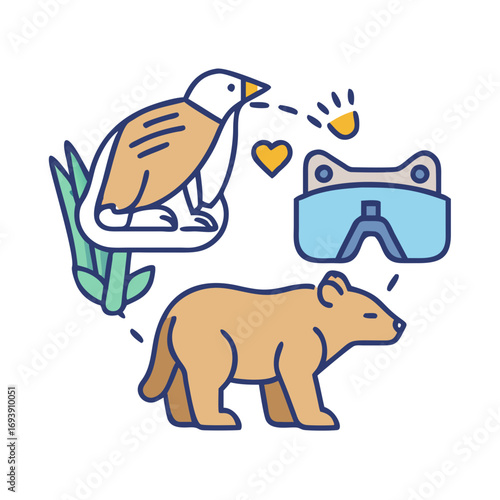 Cute animal illustration with bird, bear, goggles, and heart on black background