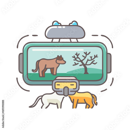 Virtual reality experience showcasing farm animals in digital landscape within a tech headset