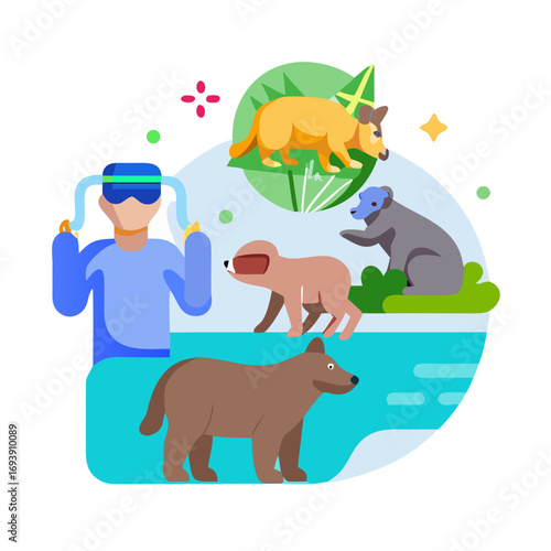 A virtual reality experience with cartoon animals in a stylized flat design