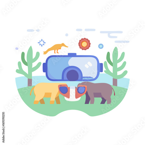 Animals in VR stock image portraying elephants and a landscape inside virtual reality