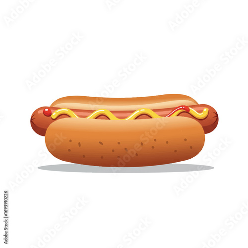 Flat 2D Vector Illustration of a Classic Hot Dog with Mustard and Ketchup – Essential Icon for Fast Food Restaurants, Kiosks, and Event Promotion