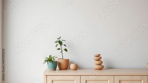 Houseplant and clay flagons on cabinet near light grey wall. Space for text