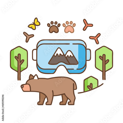 Virtual Reality Bear in Forest Concept with VR Goggles and Mountain Landscape