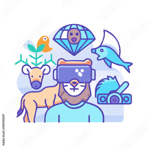 VR and nature integration concept image with bear, fish, deer, earth and bird