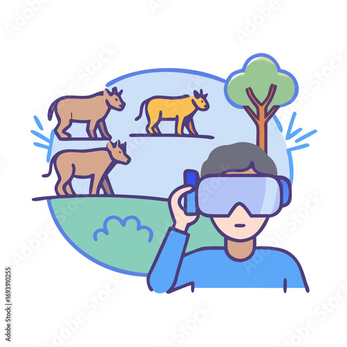 Immersive Virtual Reality Experience: Person with VR Headset Viewing Cows in a Pastoral Scene