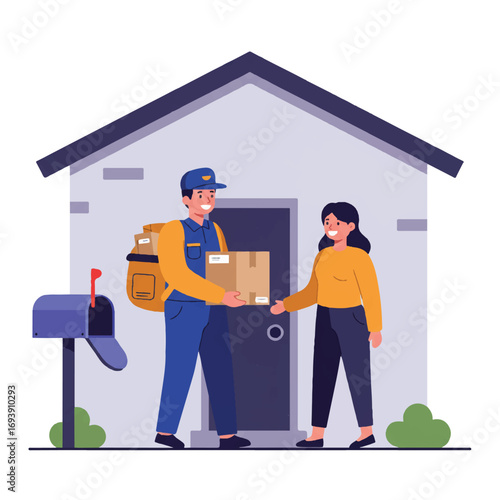A friendly postal worker delivers a package to a smiling person at the front door of a house with a nearby mailbox, rendered in a clean 2D flat vector illustration style.
