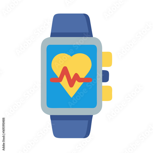 Smartwatch With Heart Rate Monitor and Healthy Heart Icon, Vector Flat Illustration