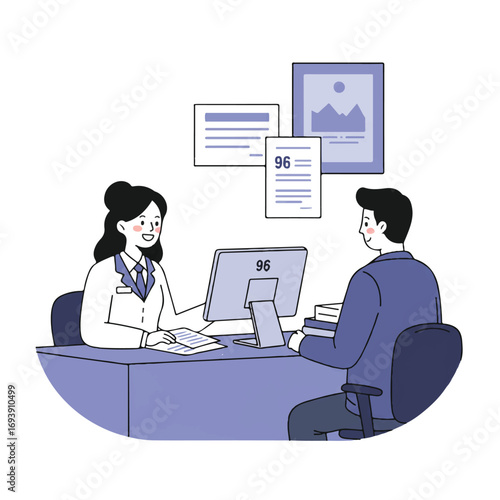 A friendly female government clerk in a flat 2D vector illustration smiles while assisting a male citizen at a service counter with a computer and documents, presented with clean outlines.