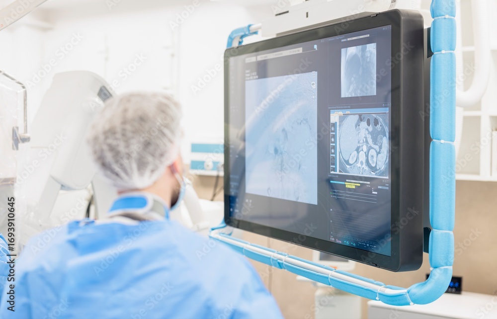 Fototapeta premium A medical technician, wearing surgical attire, intensely studies multiple complex x-ray scans on a large monitor during a medical procedure within a sterile operating room at the hospital