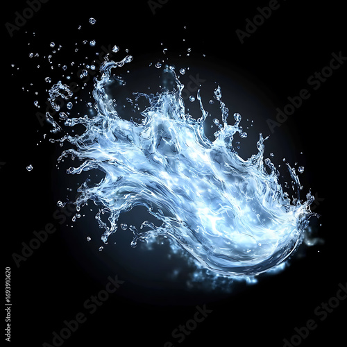 water in dynamic motion, isolated on black background for commercial use.